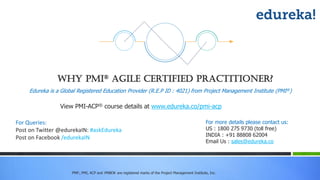 PMP,, PMI, ACP and PMBOK are registered marks of the Project Management Institute, Inc.
The Agile Way with PMI-ACP
View PMI-ACP® course details at www.edureka.co/pmi-acp
Edureka is a Global Registered Education Provider (R.E.P ID : 4021) from Project Management Institute (PMI®)
For Queries:
Post on Twitter @edurekaIN: #askEdureka
Post on Facebook /edurekaIN
For more details please contact us:
US : 1800 275 9730 (toll free)
INDIA : +91 88808 62004
Email Us : sales@edureka.co
 