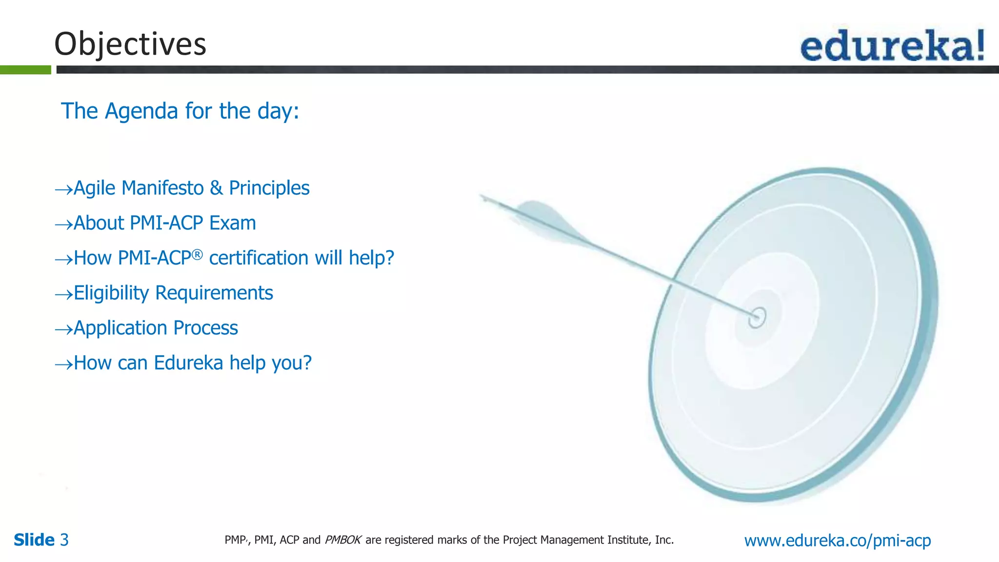 Slide 3 www.edureka.co/pmi-acpPMP,, PMI, ACP and PMBOK are registered marks of the Project Management Institute, Inc.
Objectives
The Agenda for the day:
Agile Manifesto & Principles
About PMI-ACP Exam
How PMI-ACP® certification will help?
Eligibility Requirements
Application Process
How can Edureka help you?
 