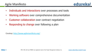 Slide 4 www.edureka.co/pmi-acpPMP,, PMI, ACP and PMBOK are registered marks of the Project Management Institute, Inc.
• Individuals and interactions over processes and tools
• Working software over comprehensive documentation
• Customer collaboration over contract negotiation
• Responding to change over following a plan
Coutesy: http://www.agilemanifesto.org/
Agile Manifesto
 