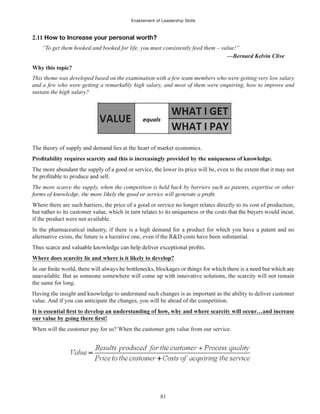 Enablement of Leadership Skills
81
2.11 How to Increase your personal worth?
“To get them hooked and booked for life, you must consistently feed them – value!”
—Bernard Kelvin Clive
Why this topic?
This theme was developed based on the examination with a few team members who were getting very low salary
and a few who were getting a remarkably high salary, and most of them were enquiring, how to improve and
sustain the high salary?
The theory of supply and demand lies at the heart of market economics.
The more abundant the supply of a good or service, the lower its price will be, even to the extent that it may not
The more scarce the supply, when the competition is held back by barriers such as patents, expertise or other
Where there are such barriers, the price of a good or service no longer relates directly to its cost of production,
if the product were not available.
In the pharmaceutical industry, if there is a high demand for a product for which you have a patent and no
alternative exists, the future is a lucrative one, even if the R&D costs have been substantial.
Where does scarcity lie and where is it likely to develop?
unavailable. But as someone somewhere will come up with innovative solutions, the scarcity will not remain
the same for long.
Having the insight and knowledge to understand such changes is as important as the ability to deliver customer
value. And if you can anticipate the changes, you will be ahead of the competition.
When will the customer pay for us? When the customer gets value from our service.
 