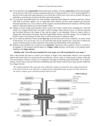 Enablement of High Performance Teams
103
10. commonality , then the connections
11.
12.
13. open up
to that person. It is our art how can we can reach that open up the situation for a long time to effectively
14. purposes. Agreement with a purpose. There is a reason to
bigger vision and they wi
bigger picture.
“Be careful in dealing with a man who cares nothing for comfort or promotion, but is simply determined
to do what he believes to be right. He is a dangerous uncomfortable enemy, because his body, which you
can always conquer, gives you little purchase upon his soul”
 