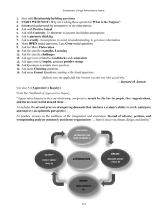 Enablement of High Performance Teams
115
1. Start with Relationship building questions
2. START WITH WHY What is the Purpose?
3. Listen and understand the perspective of the other person.
4. Ask with Positive Intent
5. Ask with Curiosity, To discover, to unearth the hidden assumptions
6. Ask to promote thinking
7. Ask to , Assumptions, to avoid misunderstanding, to get more information
8. More
9. Ask for More
10. examples, Learning
11. challenges
12. Roadblocks and constraints
13. inspire, generate positive energy
14. Ask Questions to create
15. Ask more Chaining
16. Ask more Funnel
“Millions saw the apple fall, but Newton was the one who asked why.”
Use also AI (Appreciative Inquiry)
Handbook of Appreciative Inquiry,
and the relevant world around them …
AI includes the
and improve an optimistic perspective …
AI practice stresses on the swiftness of the imagination and innovation.
strengthening analyses commonly used in our organizations … there is discovery, dream, design, and destiny.”
 