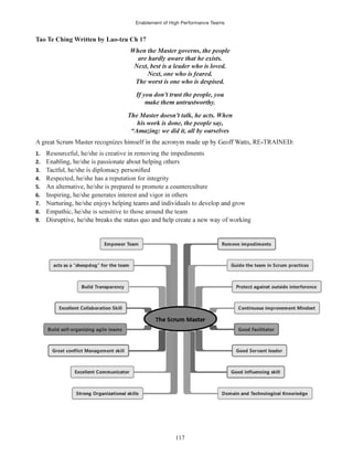 Enablement of High Performance Teams
117
1. Resourceful, he/she is creative in removing the impediments
2.
3.
4. Respected, he/she has a reputation for integrity
5. An alternative, he/she is prepared to promote a counterculture
6. Inspiring, he/she generates interest and vigor in others
7.
8. Empathic, he/she is sensitive to those around the team
9.
 