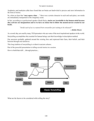 The Agilist’s Guidebook
120
the form of stories.
So, when we hear that “once upon a time….” there was a certain character in such and such place, our minds
are immediately transported to this imaginary scene.
In fact, according to a professional speaker Akash Karia, stories are irresistible to the human mind because
heads.
“Inside each of us is a natural born storyteller just waiting to be released?”
heroism through oral narratives.
This long tradition of storytelling is evident in ancient cultures.
Part of the powerful presentation is telling several stories in a session.
 