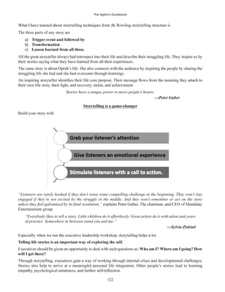 The Agilist’s Guidebook
122
The three parts of any story are
a)
b)
c)
struggling life she had and she had overcome through learnings.
Stories have a unique power to move people’s hearts.
Build your story with
“Listeners are rarely hooked if they don’t sense some compelling challenge in the beginning. They won’t stay
engaged if they’re not excited by the struggle in the middle. And they won’t remember or act on the story
Entertainment group.
“Everybody likes to tell a story. Little children do it effortlessly. Great artists do it with talent and years
of practice. Somewhere in between stand you and me.”
Stories also help to arrive at a meaningful personal life integration. Other people’s stories lead to learning
 