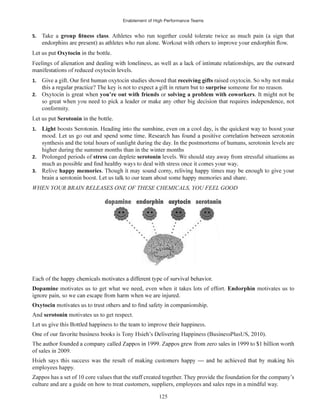 Enablement of High Performance Teams
125
5. Take a . Athletes who run together could tolerate twice as much pain (a sign that
Oxytocin
1.
surprise someone for no reason.
2. or solving a problem with coworkers
conformity.
Serotonin
1. Light
synthesis and the total hours of sunlight during the day. In the postmortems of humans, serotonin levels are
higher during the summer months than in the winter months
2. Prolonged periods of stress can deplete serotonin levels. We should stay away from stressful situations as
3. Relive happy memories
WHEN YOUR BRAIN RELEASES ONE OF THESE CHEMICALS, YOU FEEL GOOD
Dopamine motivates us to get what we need, even when it takes lots of effort. motivates us to
Oxytocin
And serotonin motivates us to get respect.
of sales in 2009.
employees happy.
Zappos has a set of 10 core values that the staff created together. They provide the foundation for the company’s
culture and are a guide on how to treat customers, suppliers, employees and sales reps in a mindful way.
 