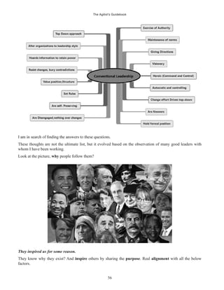 The Agilist’s Guidebook
56
These thoughts are not the ultimate list, but it evolved based on the observation of many good leaders with
whom I have been working.
Look at the picture, why people follow them?
They inspired us for some reason.
They know why they exist? And inspire others by sharing the purpose. Real alignment with all the below
factors.
 