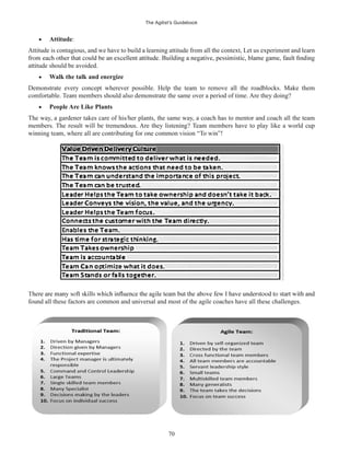 The Agilist’s Guidebook
70
Attitude:
Attitude is contagious, and we have to build a learning attitude from all the context, Let us experiment and learn
attitude should be avoided.
Walk the talk and energize
Demonstrate every concept wherever possible. Help the team to remove all the roadblocks. Make them
comfortable. Team members should also demonstrate the same over a period of time. Are they doing?
People Are Like Plants
The way, a gardener takes care of his/her plants, the same way, a coach has to mentor and coach all the team
members. The result will be tremendous. Are they listening? Team members have to play like a world cup
winning team, where all are contributing for one common vision “To win”!
found all these factors are common and universal and most of the agile coaches have all these challenges.
 