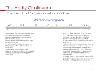 22
Stakeholder Management
The Agility Continuum
Characteristics at the endpoints of the spectrum
• Stakeholders are identified upfront, and
PM meets with them to gather their
needs, expectations, communication
style, risks and issues.
• Formal stakeholder management is the
PM’s responsibility
• PM produces formal status reports for
Stakeholders, often different styles for
each one
• Stakeholders often function as a
requirements approval committee (and
change approval); conflicting priorities
often arise
• Product Owner is chosen to act as ‘front
man’ for stakeholders, and is granted
authority to make decisions, prioritize
enhancements (user stories), define
acceptance criteria, and review/approve
work product
• PO interacts with the Stakeholders, leaving
the project/scrum team to focus on
developing/delivering the work product
• Unlike Stakeholders, the PO is intimately
involved in the project on a daily basis to
clear up questions and impediments
immediately
• Stakeholders and PO have full transparent
access to project info whenever they need
it, via the work tools (JIRA/Confluence)
W3 W2 W1 0 A1 A2 A3
 