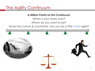 6
The Agility Continuum
A Million Points on the Continuum
Where is your team now?
Where do you want to be?
Given the culture & constraints, can you be a little more agile?
 