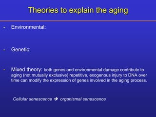 Theories to explain the aging 
- Environmental: 
- Genetic: 
- Mixed theory: both genes and environmental damage contribute to 
aging (not mutually exclusive) repetitive, exogenous injury to DNA over 
time can modify the expression of genes involved in the aging process. 
Cellular senescence  organismal senescence 
 