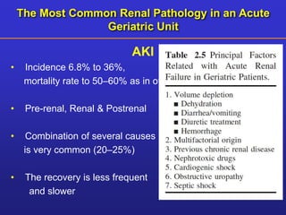 The Most Common Renal Pathology in an Acute 
AKI 
• Incidence 6.8% to 36%, 
mortality rate to 50–60% as in other age groups.. 
• Pre-renal, Renal & Postrenal 
• Combination of several causes 
is very common (20–25%) 
• The recovery is less frequent 
and slower 
Geriatric Unit 
 
