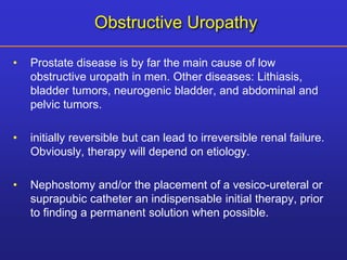 Obstructive Uropathy 
• Prostate disease is by far the main cause of low 
obstructive uropath in men. Other diseases: Lithiasis, 
bladder tumors, neurogenic bladder, and abdominal and 
pelvic tumors. 
• initially reversible but can lead to irreversible renal failure. 
Obviously, therapy will depend on etiology. 
• Nephostomy and/or the placement of a vesico-ureteral or 
suprapubic catheter an indispensable initial therapy, prior 
to finding a permanent solution when possible. 
 