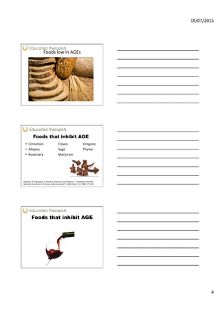 19/07/2015	
  
4	
  
Foods	
  low	
  in	
  AGEs	
  
Foods that inhibit AGE
•  Cinnamon 	
   	
  Cloves 	
   	
  Oregano	
  
•  Allspice 	
   	
   	
  Sage	
   	
   	
  Thyme	
  
•  Rosemary 	
   	
  Marjoram	
  
Dearlove,	
  R;	
  Greenspan,	
  P;	
  Hartle,D;	
  Swanson	
  and	
  Hargrove,	
  J.	
  “Inhibi<on	
  of	
  Protein	
  
Glyca<on	
  by	
  Extracts	
  of	
  Culinary	
  Herbs	
  and	
  Spices”	
  J	
  Med	
  Food	
  11	
  (2)	
  2008,	
  275–281	
  
Foods that inhibit AGE
 