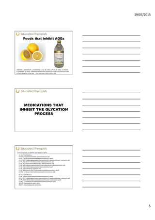 19/07/2015	
  
5	
  
Foods that inhibit AGEs
URIBARRI,	
  J;	
  WOODRUFF,	
  S;	
  GOODMAN,	
  S;	
  CAI,	
  W;	
  CHEN,	
  X;	
  PYZIK,	
  R;	
  YONG,	
  A;	
  STRIKER,	
  
G;	
  VLASSARA,	
  H.	
  (2010)	
  “Advanced	
  Glyca<on	
  End	
  Products	
  in	
  Foods	
  and	
  a	
  Prac<cal	
  Guide	
  
to	
  Their	
  Reduc<on	
  in	
  the	
  Diet”	
  	
  	
  J	
  Am	
  Diet	
  Assoc.	
  2010;110:911-­‐916.	
  
	
  
	
  	
  
MEDICATIONS THAT
INHIBIT THE GLYCATION
PROCESS
 