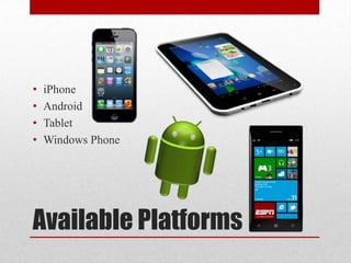 Available Platforms
• iPhone
• Android
• Tablet
• Windows Phone
 