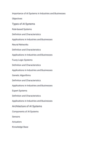 Importance of AI Systems in Industries and Businesses
Objectives
Types of AI Systems
Rule-based Systems
Definition and Characteristics
Applications in Industries and Businesses
Neural Networks
Definition and Characteristics
Applications in Industries and Businesses
Fuzzy Logic Systems
Definition and Characteristics
Applications in Industries and Businesses
Genetic Algorithms
Definition and Characteristics
Applications in Industries and Businesses
Expert Systems
Definition and Characteristics
Applications in Industries and Businesses
Architecture of AI Systems
Components of AI Systems
Sensors
Actuators
Knowledge Base
 
