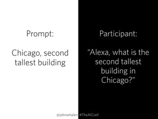 Prompt:
Chicago, second
tallest building
Participant: 
 
“Alexa, what is the
second tallest
building in
Chicago?”
@johnwhalen #TheAIConf
 