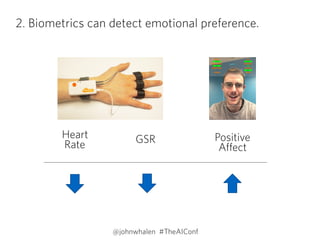 2. Biometrics can detect emotional preference.
Heart 
Rate GSR Positive  
Affect
@johnwhalen #TheAIConf
 