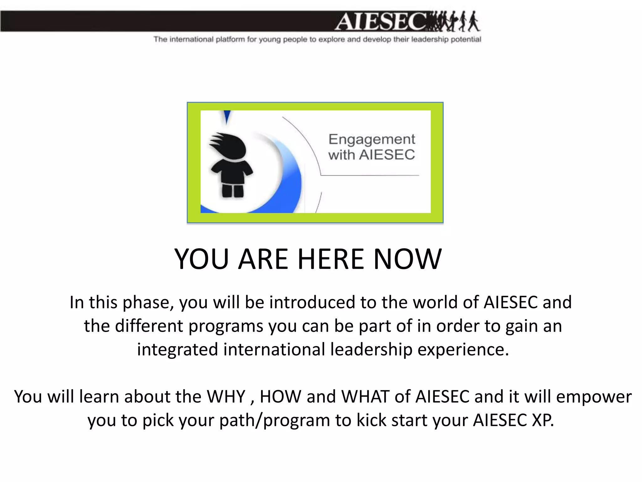 YOU ARE HERE NOW
In this phase, you will be introduced to the world of AIESEC and
the different programs you can be part of in order to gain an
integrated international leadership experience.
You will learn about the WHY , HOW and WHAT of AIESEC and it will empower
you to pick your path/program to kick start your AIESEC XP.

 