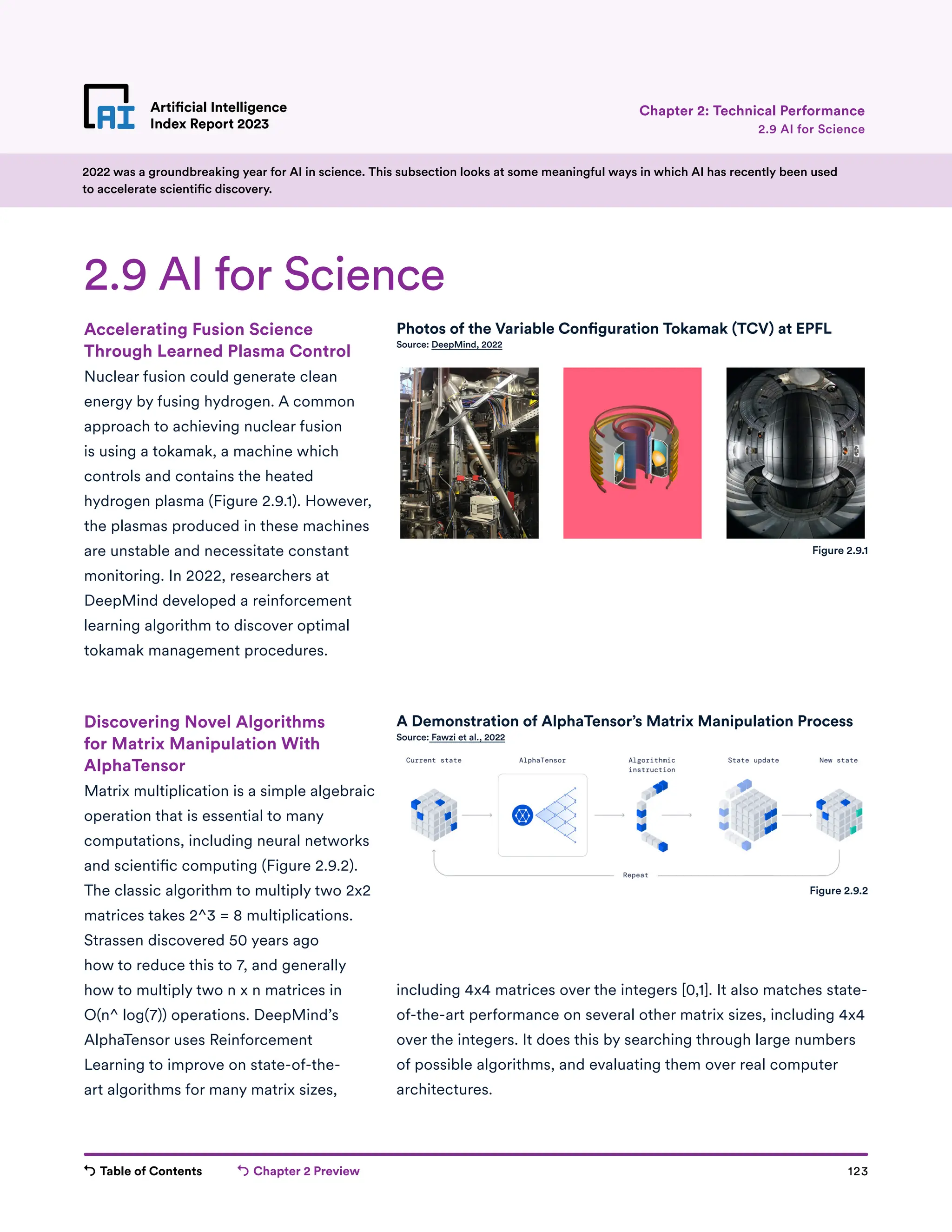 Table of Contents Chapter 2 Preview 123
Artificial Intelligence
Index Report 2023
Artificial Intelligence
Index Report 2023 2.9 AI for Science
Chapter 2: Technical Performance
Accelerating Fusion Science
Through Learned Plasma Control
Nuclear fusion could generate clean
energy by fusing hydrogen. A common
approach to achieving nuclear fusion
is using a tokamak, a machine which
controls and contains the heated
hydrogen plasma (Figure 2.9.1). However,
the plasmas produced in these machines
are unstable and necessitate constant
monitoring. In 2022, researchers at
DeepMind developed a reinforcement
learning algorithm to discover optimal
tokamak management procedures.
Discovering Novel Algorithms
for Matrix Manipulation With
AlphaTensor
Matrix multiplication is a simple algebraic
operation that is essential to many
computations, including neural networks
and scientific computing (Figure 2.9.2).
The classic algorithm to multiply two 2x2
matrices takes 2^3 = 8 multiplications.
Strassen discovered 50 years ago
how to reduce this to 7, and generally
how to multiply two n x n matrices in
O(n^ log(7)) operations. DeepMind’s
AlphaTensor uses Reinforcement
Learning to improve on state-of-the-
art algorithms for many matrix sizes,
including 4x4 matrices over the integers [0,1]. It also matches state-
of-the-art performance on several other matrix sizes, including 4x4
over the integers. It does this by searching through large numbers
of possible algorithms, and evaluating them over real computer
architectures.
2.9 AI for Science
2022 was a groundbreaking year for AI in science. This subsection looks at some meaningful ways in which AI has recently been used
to accelerate scientific discovery.
Photos of the Variable Configuration Tokamak (TCV) at EPFL
Source: DeepMind, 2022
A Demonstration of AlphaTensor’s Matrix Manipulation Process
Source: Fawzi et al., 2022
Figure 2.9.1
Figure 2.9.2
 