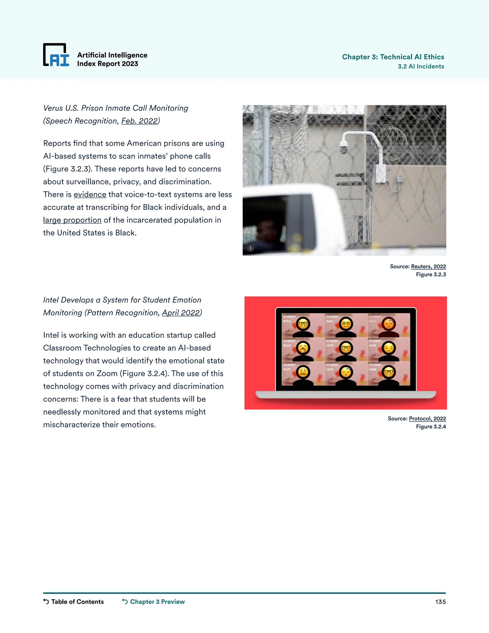 Table of Contents 135
Artificial Intelligence
Index Report 2023
Chapter 3 Preview
Verus U.S. Prison Inmate Call Monitoring
(Speech Recognition, Feb. 2022)
Reports find that some American prisons are using
AI-based systems to scan inmates’ phone calls
(Figure 3.2.3). These reports have led to concerns
about surveillance, privacy, and discrimination.
There is evidence that voice-to-text systems are less
accurate at transcribing for Black individuals, and a
large proportion of the incarcerated population in
the United States is Black.
Intel Develops a System for Student Emotion
Monitoring (Pattern Recognition, April 2022)
Intel is working with an education startup called
Classroom Technologies to create an AI-based
technology that would identify the emotional state
of students on Zoom (Figure 3.2.4). The use of this
technology comes with privacy and discrimination
concerns: There is a fear that students will be
needlessly monitored and that systems might
mischaracterize their emotions.
Artificial Intelligence
Index Report 2023 3.2 AI Incidents
Source: Reuters, 2022
Figure 3.2.3
Source: Protocol, 2022
Figure 3.2.4
Chapter 3: Technical AI Ethics
 