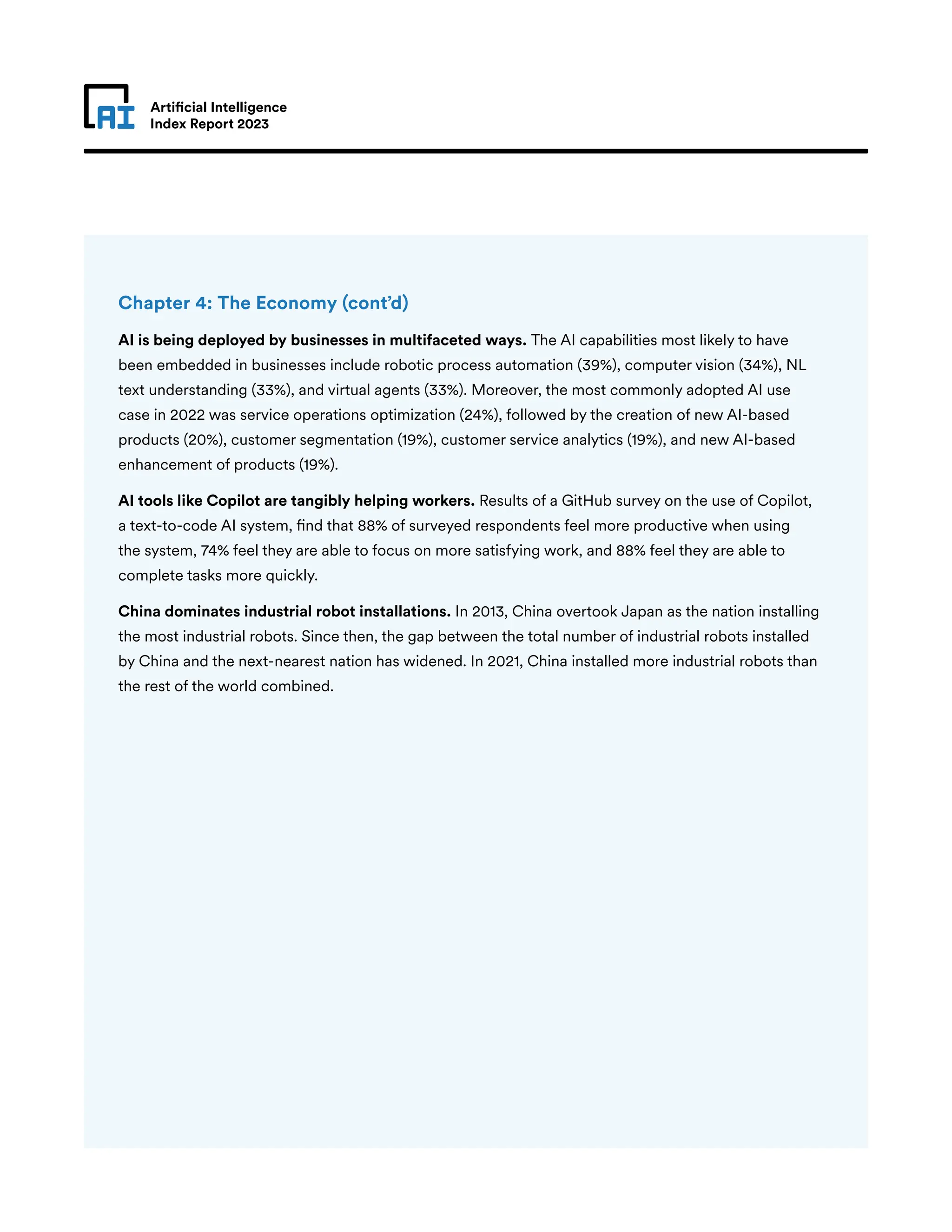 Artificial Intelligence
Index Report 2023
Chapter 4: The Economy (cont’d)
AI is being deployed by businesses in multifaceted ways. The AI capabilities most likely to have
been embedded in businesses include robotic process automation (39%), computer vision (34%), NL
text understanding (33%), and virtual agents (33%). Moreover, the most commonly adopted AI use
case in 2022 was service operations optimization (24%), followed by the creation of new AI-based
products (20%), customer segmentation (19%), customer service analytics (19%), and new AI-based
enhancement of products (19%).
AI tools like Copilot are tangibly helping workers. Results of a GitHub survey on the use of Copilot,
a text-to-code AI system, find that 88% of surveyed respondents feel more productive when using
the system, 74% feel they are able to focus on more satisfying work, and 88% feel they are able to
complete tasks more quickly.
China dominates industrial robot installations. In 2013, China overtook Japan as the nation installing
the most industrial robots. Since then, the gap between the total number of industrial robots installed
by China and the next-nearest nation has widened. In 2021, China installed more industrial robots than
the rest of the world combined.
 