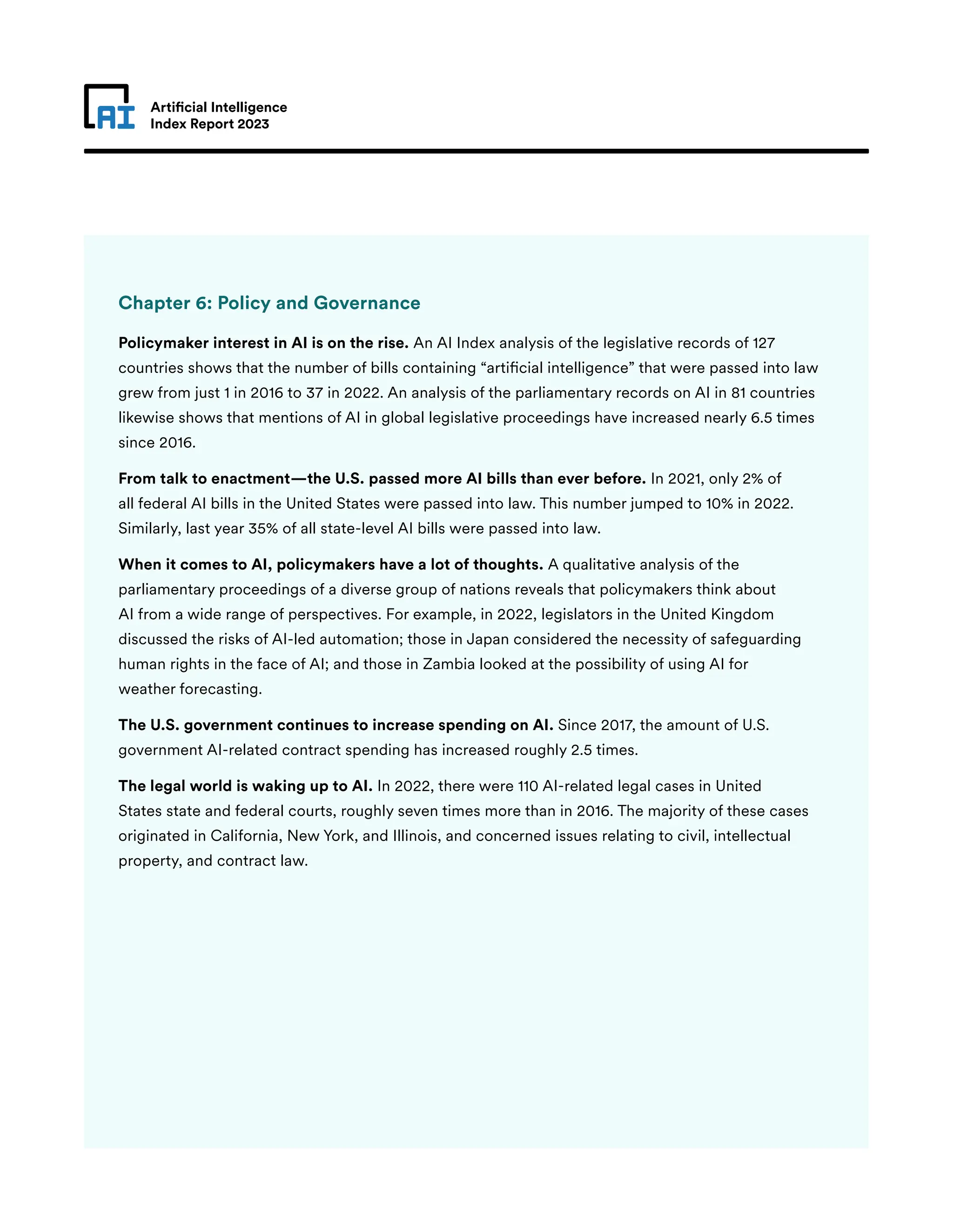 Artificial Intelligence
Index Report 2023
Chapter 6: Policy and Governance
Policymaker interest in AI is on the rise. An AI Index analysis of the legislative records of 127
countries shows that the number of bills containing “artificial intelligence” that were passed into law
grew from just 1 in 2016 to 37 in 2022. An analysis of the parliamentary records on AI in 81 countries
likewise shows that mentions of AI in global legislative proceedings have increased nearly 6.5 times
since 2016.
From talk to enactment—the U.S. passed more AI bills than ever before. In 2021, only 2% of
all federal AI bills in the United States were passed into law. This number jumped to 10% in 2022.
Similarly, last year 35% of all state-level AI bills were passed into law.
When it comes to AI, policymakers have a lot of thoughts. A qualitative analysis of the
parliamentary proceedings of a diverse group of nations reveals that policymakers think about
AI from a wide range of perspectives. For example, in 2022, legislators in the United Kingdom
discussed the risks of AI-led automation; those in Japan considered the necessity of safeguarding
human rights in the face of AI; and those in Zambia looked at the possibility of using AI for
weather forecasting.
The U.S. government continues to increase spending on AI. Since 2017, the amount of U.S.
government AI-related contract spending has increased roughly 2.5 times.
The legal world is waking up to AI. In 2022, there were 110 AI-related legal cases in United
States state and federal courts, roughly seven times more than in 2016. The majority of these cases
originated in California, New York, and Illinois, and concerned issues relating to civil, intellectual
property, and contract law.
 