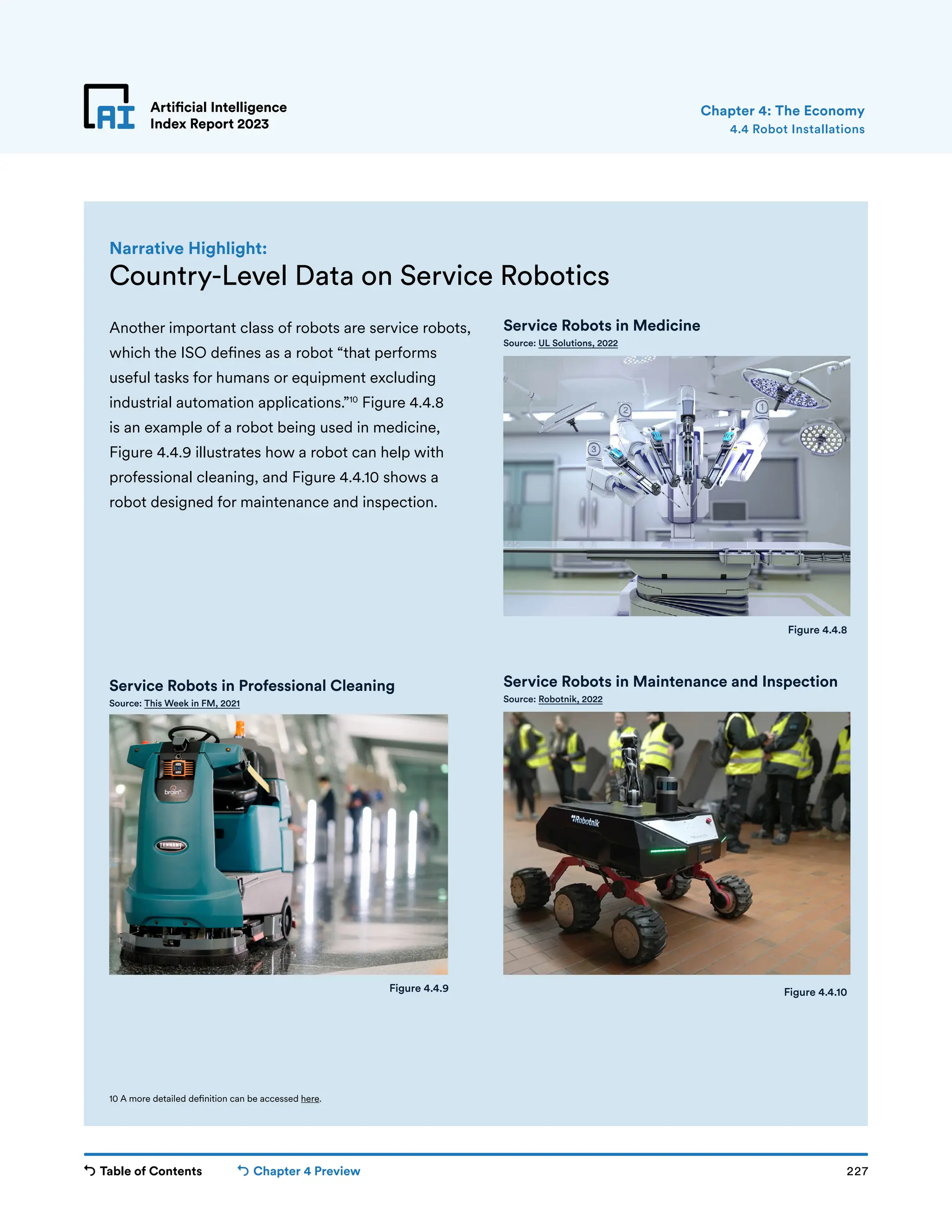 Table of Contents Chapter 4 Preview 227
Artificial Intelligence
Index Report 2023
Artificial Intelligence
Index Report 2023
Another important class of robots are service robots,
which the ISO defines as a robot “that performs
useful tasks for humans or equipment excluding
industrial automation applications.”10
Figure 4.4.8
is an example of a robot being used in medicine,
Figure 4.4.9 illustrates how a robot can help with
professional cleaning, and Figure 4.4.10 shows a
robot designed for maintenance and inspection.
Chapter 4: The Economy
Country-Level Data on Service Robotics
Narrative Highlight:
Service Robots in Medicine
Source: UL Solutions, 2022
Service Robots in Maintenance and Inspection
Source: Robotnik, 2022
Service Robots in Professional Cleaning
Source: This Week in FM, 2021
Figure 4.4.8
Figure 4.4.10
Figure 4.4.9
10 A more detailed definition can be accessed here.
4.4 Robot Installations
 