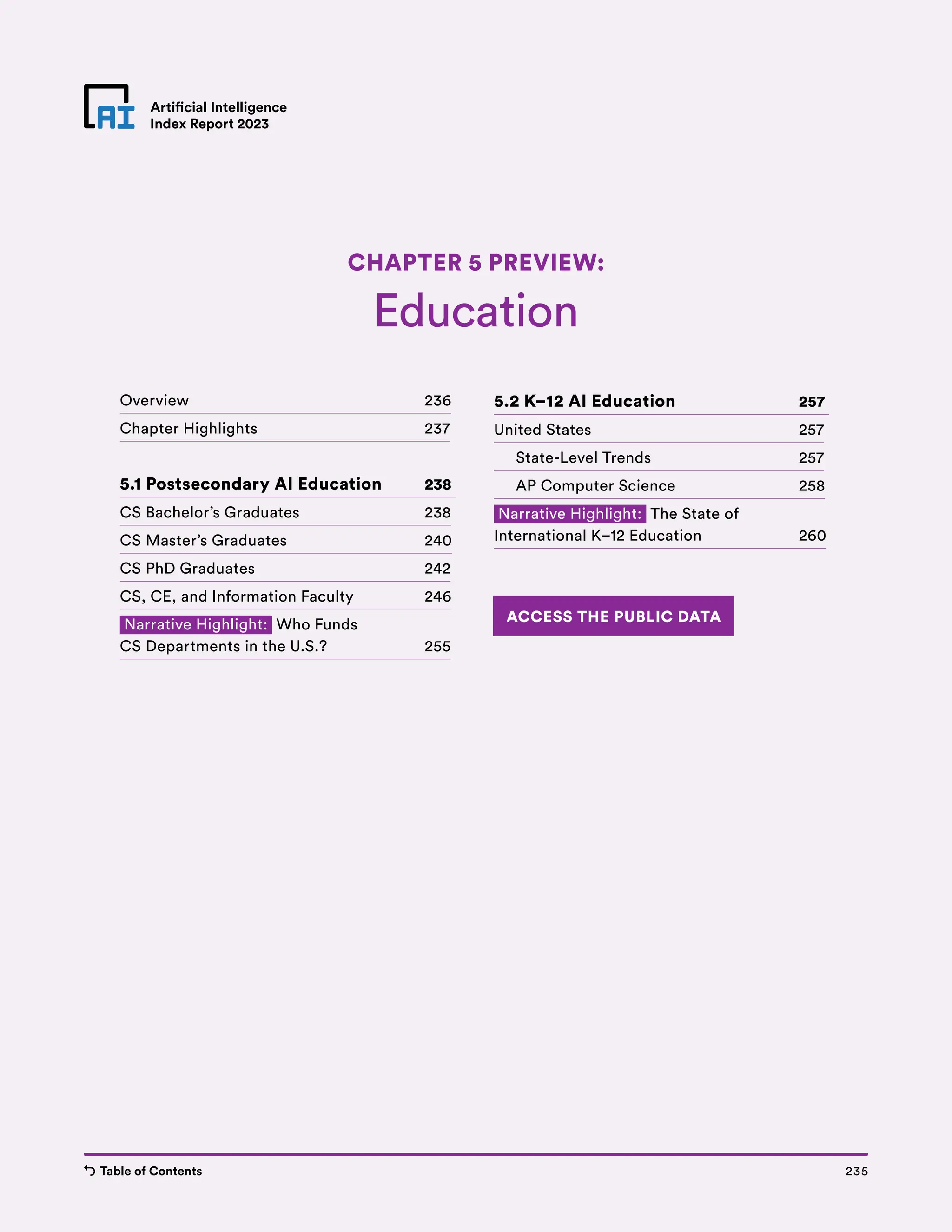 Table of Contents Chapter 5 Preview 235
Artificial Intelligence
Index Report 2023
Artificial Intelligence
Index Report 2023
Education
CHAPTER 5 PREVIEW:
235
Table of Contents
Overview 236
Chapter Highlights 237
5.1 Postsecondary AI Education 238
CS Bachelor’s Graduates 238
CS Master’s Graduates 240
CS PhD Graduates 242
CS, CE, and Information Faculty 246
Narrative Highlight: Who Funds
CS Departments in the U.S.? 255
5.2 K–12 AI Education 257
United States 257
State-Level Trends 257
AP Computer Science 258
Narrative Highlight: The State of
International K–12 Education 260
ACCESS THE PUBLIC DATA
 