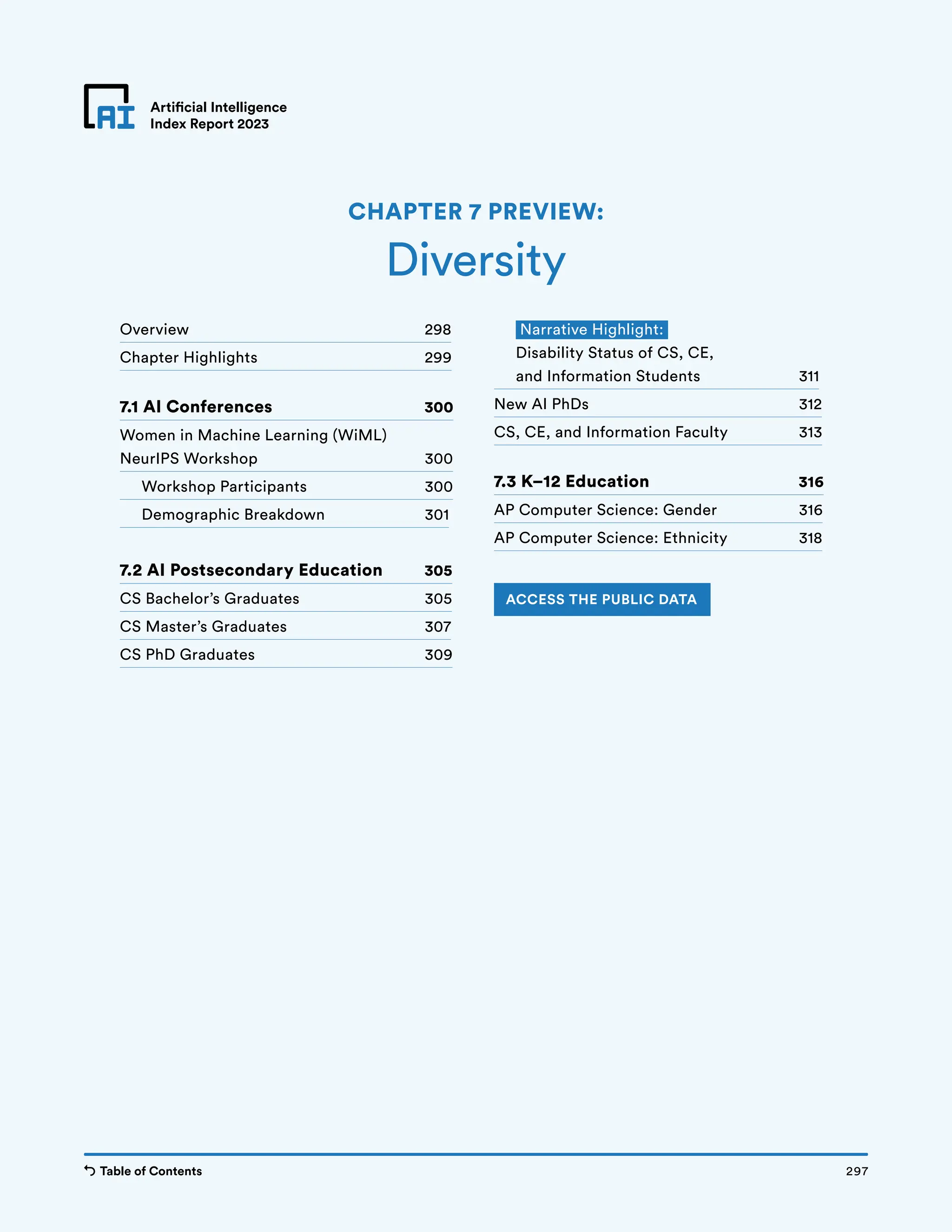 Table of Contents Chapter 7 Preview 297
Artificial Intelligence
Index Report 2023
Overview 298
Chapter Highlights 299
7.1 AI Conferences 300
Women in Machine Learning (WiML)
NeurIPS Workshop 300
Workshop Participants 300
Demographic Breakdown 301
7.2 AI Postsecondary Education 305
CS Bachelor’s Graduates 305
CS Master’s Graduates 307
CS PhD Graduates 309
Narrative Highlight:
Disability Status of CS, CE,
and Information Students 311
New AI PhDs 312
CS, CE, and Information Faculty 313
7.3 K–12 Education 316
AP Computer Science: Gender 316
AP Computer Science: Ethnicity 318
Diversity
CHAPTER 7 PREVIEW:
ACCESS THE PUBLIC DATA
297
Table of Contents
 