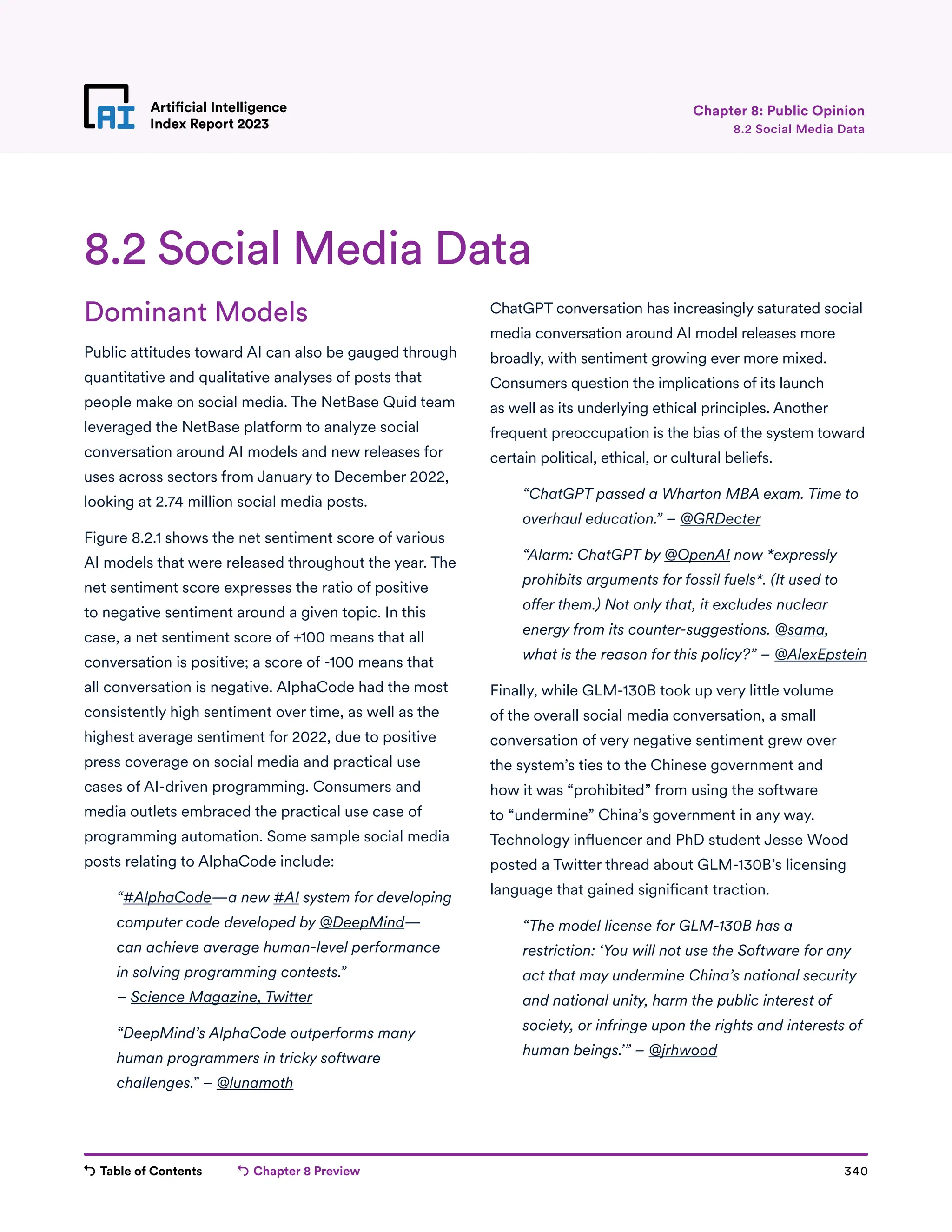 Table of Contents Chapter 8 Preview 340
Artificial Intelligence
Index Report 2023
Artificial Intelligence
Index Report 2023 8.2 Social Media Data
Chapter 8: Public Opinion
Dominant Models
Public attitudes toward AI can also be gauged through
quantitative and qualitative analyses of posts that
people make on social media. The NetBase Quid team
leveraged the NetBase platform to analyze social
conversation around AI models and new releases for
uses across sectors from January to December 2022,
looking at 2.74 million social media posts.
Figure 8.2.1 shows the net sentiment score of various
AI models that were released throughout the year. The
net sentiment score expresses the ratio of positive
to negative sentiment around a given topic. In this
case, a net sentiment score of +100 means that all
conversation is positive; a score of -100 means that
all conversation is negative. AlphaCode had the most
consistently high sentiment over time, as well as the
highest average sentiment for 2022, due to positive
press coverage on social media and practical use
cases of AI-driven programming. Consumers and
media outlets embraced the practical use case of
programming automation. Some sample social media
posts relating to AlphaCode include:
“#AlphaCode—a new #AI system for developing
computer code developed by @DeepMind—
can achieve average human-level performance
in solving programming contests.”
– Science Magazine, Twitter
	
“DeepMind’s AlphaCode outperforms many
human programmers in tricky software
challenges.” – @lunamoth
ChatGPT conversation has increasingly saturated social
media conversation around AI model releases more
broadly, with sentiment growing ever more mixed.
Consumers question the implications of its launch
as well as its underlying ethical principles. Another
frequent preoccupation is the bias of the system toward
certain political, ethical, or cultural beliefs.
	
“ChatGPT passed a Wharton MBA exam. Time to
overhaul education.” – @GRDecter
	
“Alarm: ChatGPT by @OpenAI now *expressly
prohibits arguments for fossil fuels*. (It used to
offer them.) Not only that, it excludes nuclear
energy from its counter-suggestions. @sama,
what is the reason for this policy?” – @AlexEpstein
Finally, while GLM-130B took up very little volume
of the overall social media conversation, a small
conversation of very negative sentiment grew over
the system’s ties to the Chinese government and
how it was “prohibited” from using the software
to “undermine” China’s government in any way.
Technology influencer and PhD student Jesse Wood
posted a Twitter thread about GLM-130B’s licensing
language that gained significant traction.
	
“The model license for GLM-130B has a
restriction: ‘You will not use the Software for any
act that may undermine China’s national security
and national unity, harm the public interest of
society, or infringe upon the rights and interests of
human beings.’” – @jrhwood
8.2 Social Media Data
 