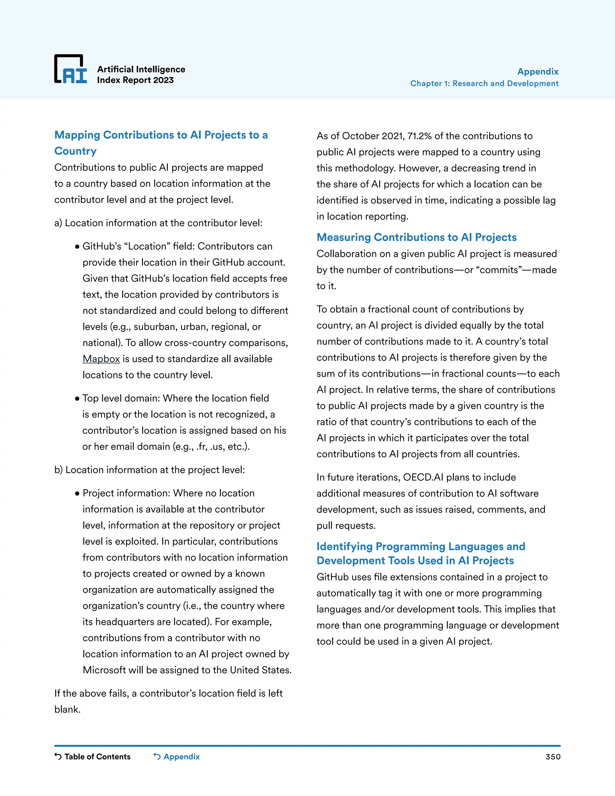 Table of Contents 350
Artificial Intelligence
Index Report 2023
Appendix
Mapping Contributions to AI Projects to a
Country
Contributions to public AI projects are mapped
to a country based on location information at the
contributor level and at the project level.
a) Location information at the contributor level:
• 
GitHub’s “Location” field: Contributors can
provide their location in their GitHub account.
Given that GitHub’s location field accepts free
text, the location provided by contributors is
not standardized and could belong to different
levels (e.g., suburban, urban, regional, or
national). To allow cross-country comparisons,
Mapbox is used to standardize all available
locations to the country level.
• 

Top level domain: Where the location field
is empty or the location is not recognized, a
contributor’s location is assigned based on his
or her email domain (e.g., .fr, .us, etc.).
b) Location information at the project level:
• 
Project information: Where no location
information is available at the contributor
level, information at the repository or project
level is exploited. In particular, contributions
from contributors with no location information
to projects created or owned by a known
organization are automatically assigned the
organization’s country (i.e., the country where
its headquarters are located). For example,
contributions from a contributor with no
location information to an AI project owned by
Microsoft will be assigned to the United States.
If the above fails, a contributor’s location field is left
blank.
As of October 2021, 71.2% of the contributions to
public AI projects were mapped to a country using
this methodology. However, a decreasing trend in
the share of AI projects for which a location can be
identified is observed in time, indicating a possible lag
in location reporting.
Measuring Contributions to AI Projects
Collaboration on a given public AI project is measured
by the number of contributions—or “commits”—made
to it.
To obtain a fractional count of contributions by
country, an AI project is divided equally by the total
number of contributions made to it. A country’s total
contributions to AI projects is therefore given by the
sum of its contributions—in fractional counts—to each
AI project. In relative terms, the share of contributions
to public AI projects made by a given country is the
ratio of that country’s contributions to each of the
AI projects in which it participates over the total
contributions to AI projects from all countries.
In future iterations, OECD.AI plans to include
additional measures of contribution to AI software
development, such as issues raised, comments, and
pull requests.
Identifying Programming Languages and
Development Tools Used in AI Projects
GitHub uses file extensions contained in a project to
automatically tag it with one or more programming
languages and/or development tools. This implies that
more than one programming language or development
tool could be used in a given AI project.
Chapter 1: Research and Development
Appendix
 
