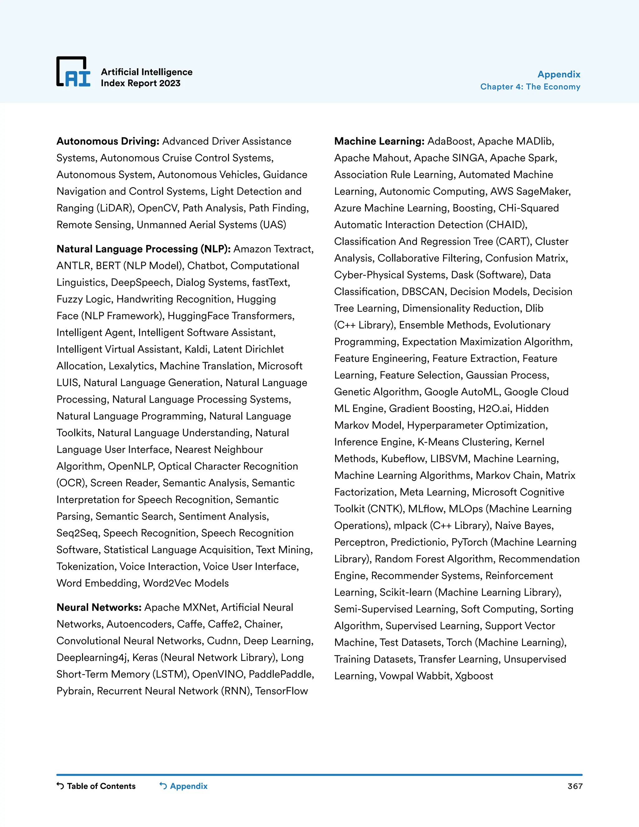 Table of Contents 367
Artificial Intelligence
Index Report 2023
Appendix
Chapter 4: The Economy
Appendix
Autonomous Driving: Advanced Driver Assistance
Systems, Autonomous Cruise Control Systems,
Autonomous System, Autonomous Vehicles, Guidance
Navigation and Control Systems, Light Detection and
Ranging (LiDAR), OpenCV, Path Analysis, Path Finding,
Remote Sensing, Unmanned Aerial Systems (UAS)
Natural Language Processing (NLP): Amazon Textract,
ANTLR, BERT (NLP Model), Chatbot, Computational
Linguistics, DeepSpeech, Dialog Systems, fastText,
Fuzzy Logic, Handwriting Recognition, Hugging
Face (NLP Framework), HuggingFace Transformers,
Intelligent Agent, Intelligent Software Assistant,
Intelligent Virtual Assistant, Kaldi, Latent Dirichlet
Allocation, Lexalytics, Machine Translation, Microsoft
LUIS, Natural Language Generation, Natural Language
Processing, Natural Language Processing Systems,
Natural Language Programming, Natural Language
Toolkits, Natural Language Understanding, Natural
Language User Interface, Nearest Neighbour
Algorithm, OpenNLP, Optical Character Recognition
(OCR), Screen Reader, Semantic Analysis, Semantic
Interpretation for Speech Recognition, Semantic
Parsing, Semantic Search, Sentiment Analysis,
Seq2Seq, Speech Recognition, Speech Recognition
Software, Statistical Language Acquisition, Text Mining,
Tokenization, Voice Interaction, Voice User Interface,
Word Embedding, Word2Vec Models
Neural Networks: Apache MXNet, Artificial Neural
Networks, Autoencoders, Caffe, Caffe2, Chainer,
Convolutional Neural Networks, Cudnn, Deep Learning,
Deeplearning4j, Keras (Neural Network Library), Long
Short-Term Memory (LSTM), OpenVINO, PaddlePaddle,
Pybrain, Recurrent Neural Network (RNN), TensorFlow
Machine Learning: AdaBoost, Apache MADlib,
Apache Mahout, Apache SINGA, Apache Spark,
Association Rule Learning, Automated Machine
Learning, Autonomic Computing, AWS SageMaker,
Azure Machine Learning, Boosting, CHi-Squared
Automatic Interaction Detection (CHAID),
Classification And Regression Tree (CART), Cluster
Analysis, Collaborative Filtering, Confusion Matrix,
Cyber-Physical Systems, Dask (Software), Data
Classification, DBSCAN, Decision Models, Decision
Tree Learning, Dimensionality Reduction, Dlib
(C++ Library), Ensemble Methods, Evolutionary
Programming, Expectation Maximization Algorithm,
Feature Engineering, Feature Extraction, Feature
Learning, Feature Selection, Gaussian Process,
Genetic Algorithm, Google AutoML, Google Cloud
ML Engine, Gradient Boosting, H2O.ai, Hidden
Markov Model, Hyperparameter Optimization,
Inference Engine, K-Means Clustering, Kernel
Methods, Kubeflow, LIBSVM, Machine Learning,
Machine Learning Algorithms, Markov Chain, Matrix
Factorization, Meta Learning, Microsoft Cognitive
Toolkit (CNTK), MLflow, MLOps (Machine Learning
Operations), mlpack (C++ Library), Naive Bayes,
Perceptron, Predictionio, PyTorch (Machine Learning
Library), Random Forest Algorithm, Recommendation
Engine, Recommender Systems, Reinforcement
Learning, Scikit-learn (Machine Learning Library),
Semi-Supervised Learning, Soft Computing, Sorting
Algorithm, Supervised Learning, Support Vector
Machine, Test Datasets, Torch (Machine Learning),
Training Datasets, Transfer Learning, Unsupervised
Learning, Vowpal Wabbit, Xgboost
 