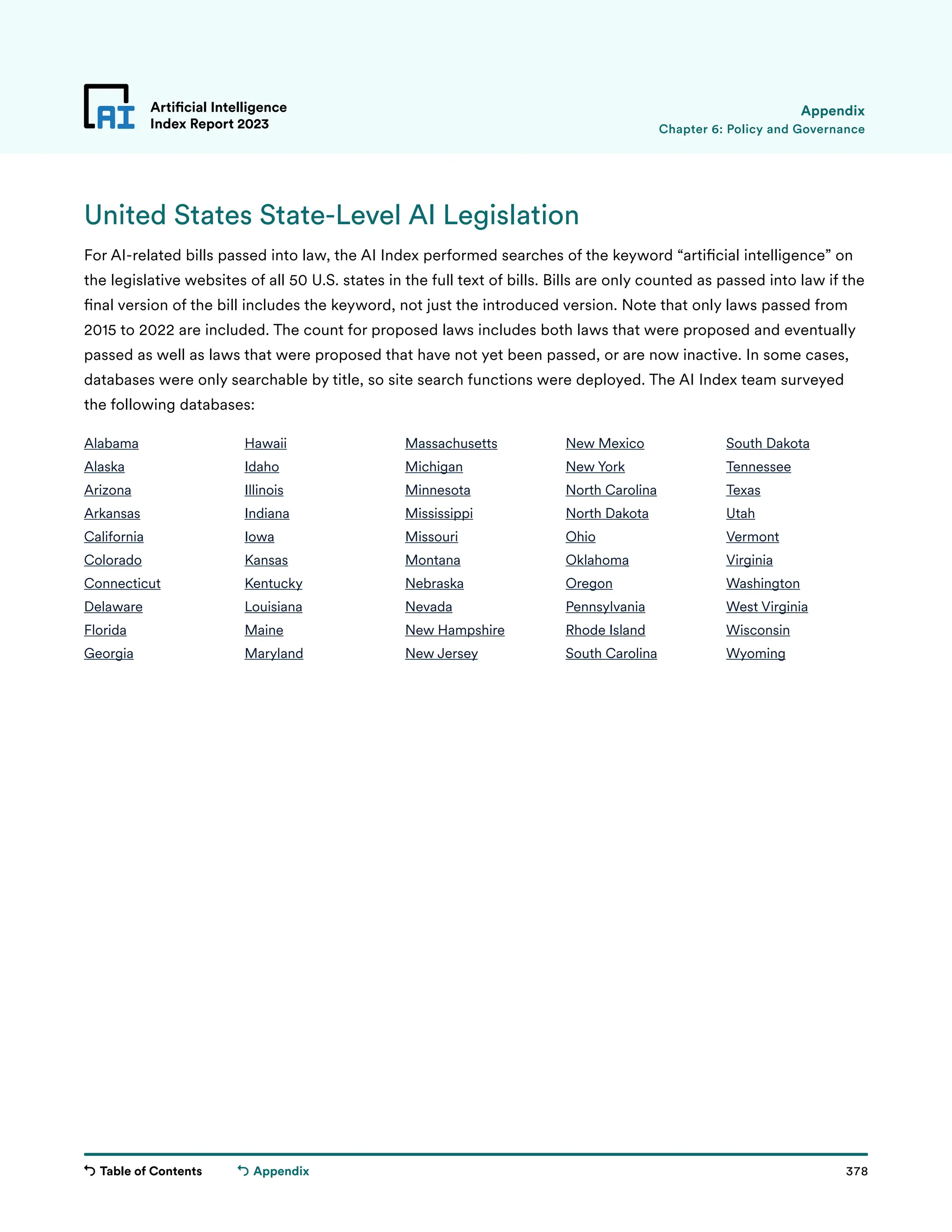 Table of Contents 378
Artificial Intelligence
Index Report 2023
Appendix
Chapter 6: Policy and Governance
Appendix
United States State-Level AI Legislation
For AI-related bills passed into law, the AI Index performed searches of the keyword “artificial intelligence” on
the legislative websites of all 50 U.S. states in the full text of bills. Bills are only counted as passed into law if the
final version of the bill includes the keyword, not just the introduced version. Note that only laws passed from
2015 to 2022 are included. The count for proposed laws includes both laws that were proposed and eventually
passed as well as laws that were proposed that have not yet been passed, or are now inactive. In some cases,
databases were only searchable by title, so site search functions were deployed. The AI Index team surveyed
the following databases:
Alabama
Alaska
Arizona
Arkansas
California
Colorado
Connecticut
Delaware
Florida
Georgia
Hawaii
Idaho
Illinois
Indiana
Iowa
Kansas
Kentucky
Louisiana
Maine
Maryland
Massachusetts
Michigan
Minnesota
Mississippi
Missouri
Montana
Nebraska
Nevada
New Hampshire
New Jersey
New Mexico
New York
North Carolina
North Dakota
Ohio
Oklahoma
Oregon
Pennsylvania
Rhode Island
South Carolina
South Dakota
Tennessee
Texas
Utah
Vermont
Virginia
Washington
West Virginia
Wisconsin
Wyoming
 