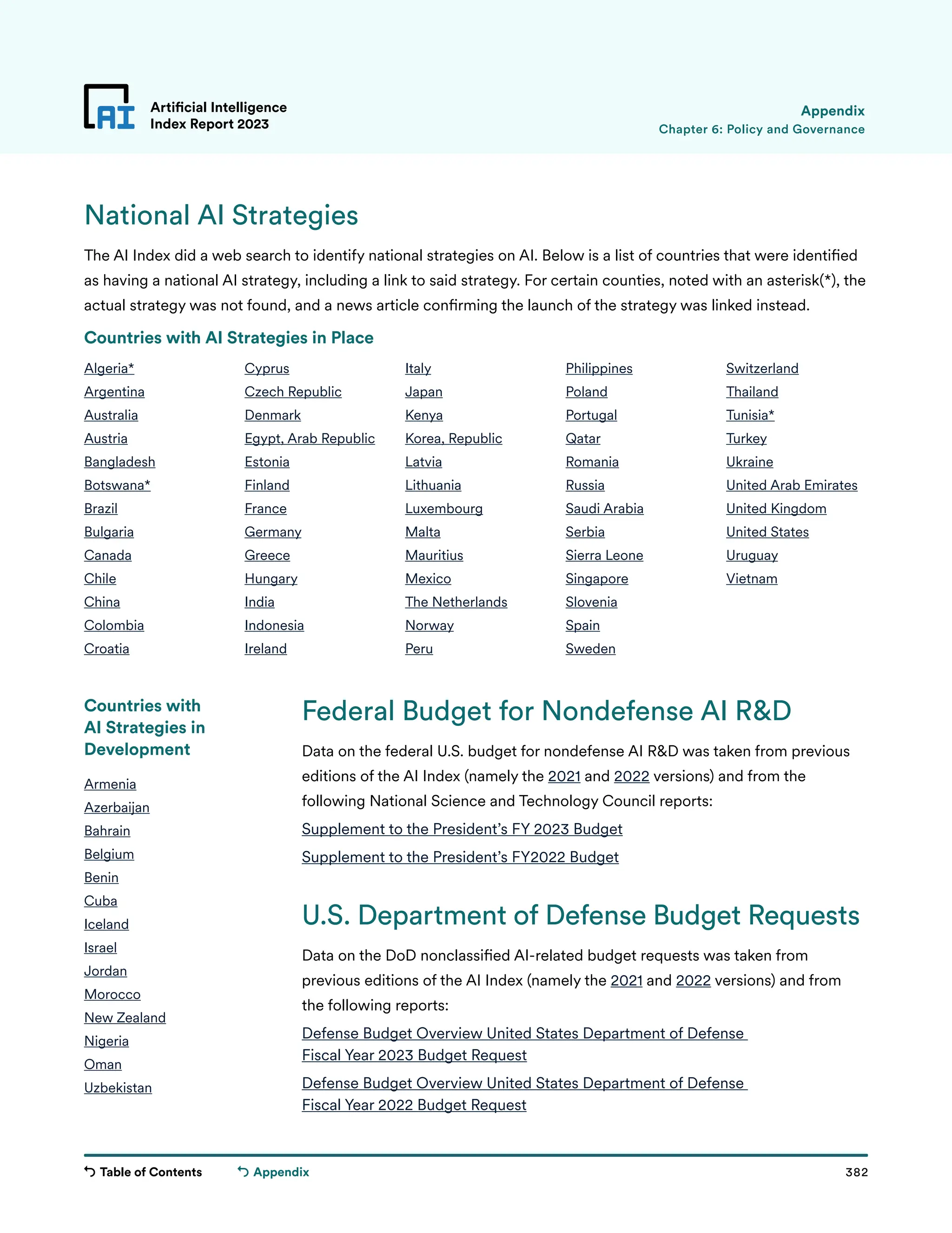Table of Contents 382
Artificial Intelligence
Index Report 2023
Appendix
Chapter 6: Policy and Governance
Appendix
National AI Strategies
The AI Index did a web search to identify national strategies on AI. Below is a list of countries that were identified
as having a national AI strategy, including a link to said strategy. For certain counties, noted with an asterisk(*), the
actual strategy was not found, and a news article confirming the launch of the strategy was linked instead.
Countries with AI Strategies in Place
Federal Budget for Nondefense AI RD
Data on the federal U.S. budget for nondefense AI RD was taken from previous
editions of the AI Index (namely the 2021 and 2022 versions) and from the
following National Science and Technology Council reports:
Supplement to the President’s FY 2023 Budget
Supplement to the President’s FY2022 Budget
U.S. Department of Defense Budget Requests
Data on the DoD nonclassified AI-related budget requests was taken from
previous editions of the AI Index (namely the 2021 and 2022 versions) and from
the following reports:
Defense Budget Overview United States Department of Defense
Fiscal Year 2023 Budget Request
Defense Budget Overview United States Department of Defense
Fiscal Year 2022 Budget Request
Countries with
AI Strategies in
Development
Algeria*
Argentina
Australia
Austria
Bangladesh
Botswana*
Brazil
Bulgaria
Canada
Chile
China
Colombia
Croatia
Cyprus
Czech Republic
Denmark
Egypt, Arab Republic
Estonia
Finland
France
Germany
Greece
Hungary
India
Indonesia
Ireland
Italy
Japan
Kenya
Korea, Republic
Latvia
Lithuania
Luxembourg
Malta
Mauritius
Mexico
The Netherlands
Norway
Peru
Philippines
Poland
Portugal
Qatar
Romania
Russia
Saudi Arabia
Serbia
Sierra Leone
Singapore
Slovenia
Spain
Sweden
Switzerland
Thailand
Tunisia*
Turkey
Ukraine
United Arab Emirates
United Kingdom
United States
Uruguay
Vietnam
Armenia
Azerbaijan
Bahrain
Belgium
Benin
Cuba
Iceland
Israel
Jordan
Morocco
New Zealand
Nigeria
Oman
Uzbekistan
 