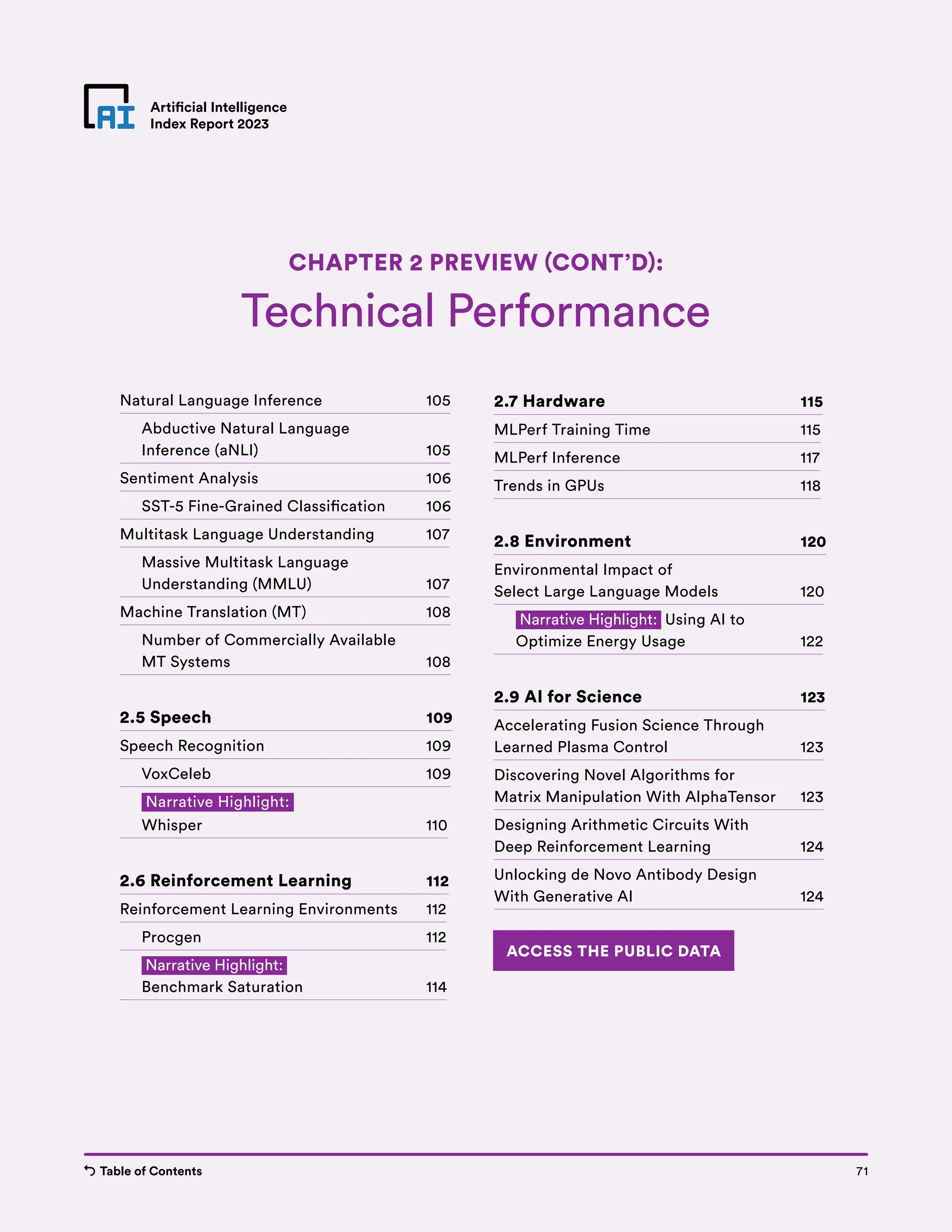 Table of Contents Chapter 2 Preview 71
Artificial Intelligence
Index Report 2023
Artificial Intelligence
Index Report 2023
Technical Performance
CHAPTER 2 PREVIEW (CONT’D):
71
Table of Contents
Natural Language Inference 105
Abductive Natural Language
Inference (aNLI) 105
Sentiment Analysis 106
SST-5 Fine-Grained Classification 106
Multitask Language Understanding 107
Massive Multitask Language
Understanding (MMLU) 107
Machine Translation (MT) 108
Number of Commercially Available
MT Systems 108
2.5 Speech 109
Speech Recognition 109
VoxCeleb 109
Narrative Highlight:
Whisper 110
2.6 Reinforcement Learning 112
Reinforcement Learning Environments 112
Procgen 112
Narrative Highlight:
Benchmark Saturation 114
2.7 Hardware 115
MLPerf Training Time 115
MLPerf Inference 117
Trends in GPUs 118
2.8 Environment 120
Environmental Impact of
Select Large Language Models 120
Narrative Highlight: Using AI to
Optimize Energy Usage 122
2.9 AI for Science 123
Accelerating Fusion Science Through
Learned Plasma Control 123
Discovering Novel Algorithms for
Matrix Manipulation With AlphaTensor 123
Designing Arithmetic Circuits With
Deep Reinforcement Learning 124
Unlocking de Novo Antibody Design
With Generative AI 124
ACCESS THE PUBLIC DATA
 