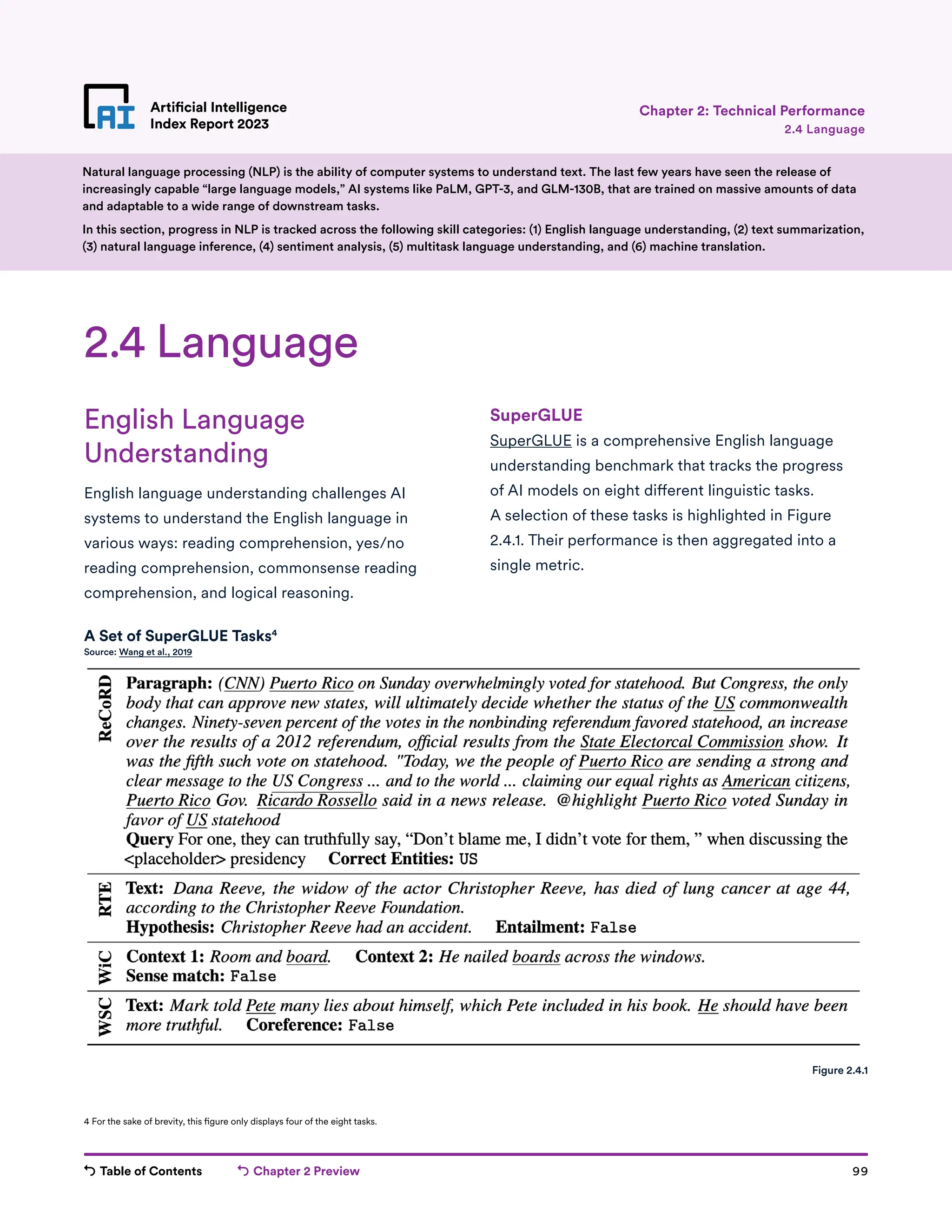 Table of Contents Chapter 2 Preview 99
Artificial Intelligence
Index Report 2023
Artificial Intelligence
Index Report 2023 2.4 Language
Chapter 2: Technical Performance
English Language
Understanding
English language understanding challenges AI
systems to understand the English language in
various ways: reading comprehension, yes/no
reading comprehension, commonsense reading
comprehension, and logical reasoning.
SuperGLUE
SuperGLUE is a comprehensive English language
understanding benchmark that tracks the progress
of AI models on eight different linguistic tasks.
A selection of these tasks is highlighted in Figure
2.4.1. Their performance is then aggregated into a
single metric.
2.4 Language
Natural language processing (NLP) is the ability of computer systems to understand text. The last few years have seen the release of
increasingly capable “large language models,” AI systems like PaLM, GPT-3, and GLM-130B, that are trained on massive amounts of data
and adaptable to a wide range of downstream tasks.
In this section, progress in NLP is tracked across the following skill categories: (1) English language understanding, (2) text summarization,
(3) natural language inference, (4) sentiment analysis, (5) multitask language understanding, and (6) machine translation.
Figure 2.4.1
4 For the sake of brevity, this figure only displays four of the eight tasks.
A Set of SuperGLUE Tasks4
Source: Wang et al., 2019
 