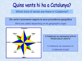 Quins vents hi ha a Catalunya?Which kind of winds are there in Catalonia?Els vents s’anomenen segons la seva procedència geogràficaWind are called depending on its geographic originA Catalunya es representa amb la “ROSA DELS VENTS”In Catalonia we represent on “COMPASS ROSE”