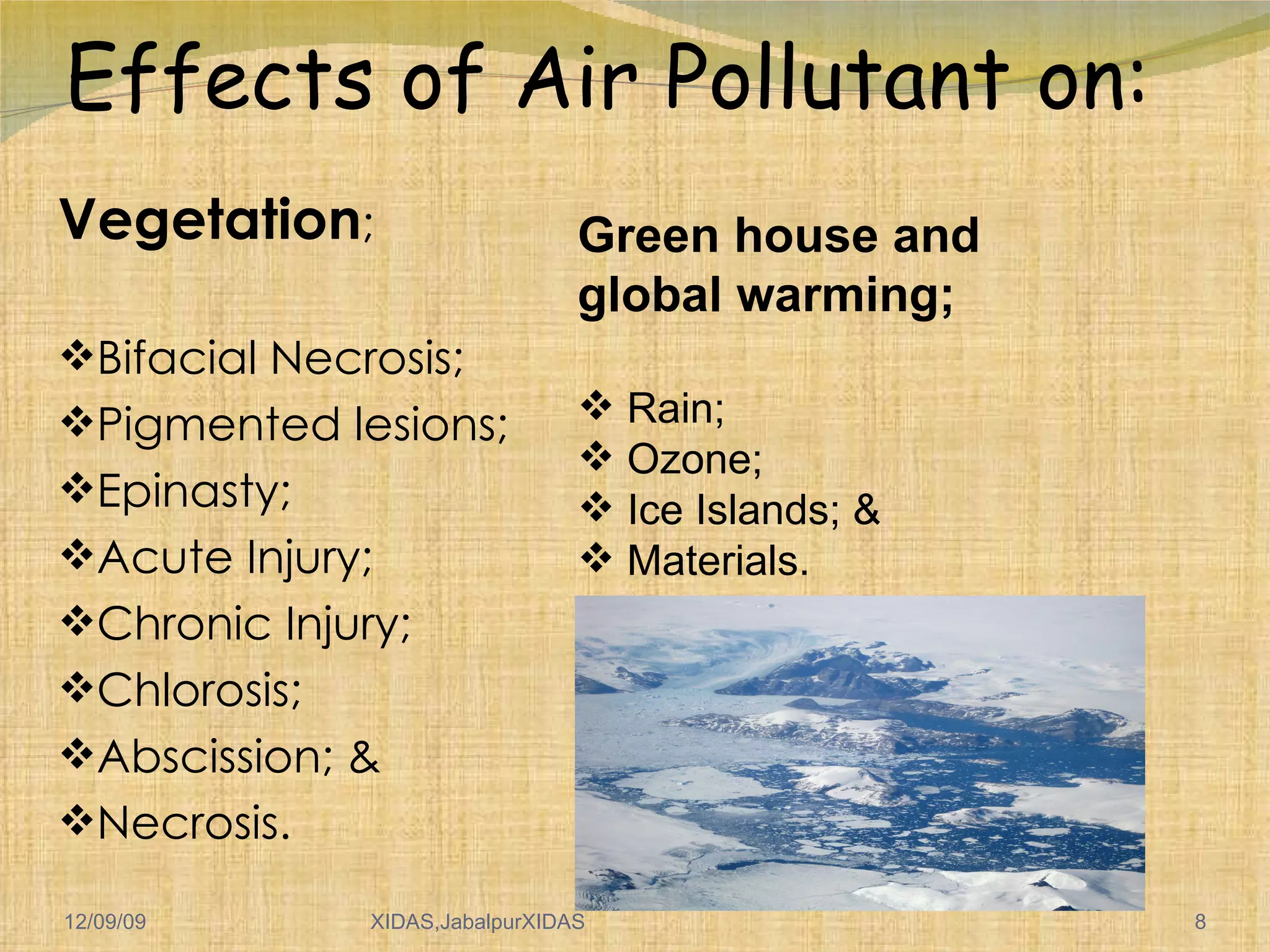 Effects of Air Pollutant on: Vegetation ;  Bifacial Necrosis; Pigmented lesions; Epinasty; Acute Injury; Chronic Injury; Chlorosis; Abscission; & Necrosis. 06/08/09 Green house and global warming; Rain; Ozone; Ice Islands; & Materials. 