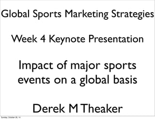 Global Sports Marketing Strategies
Week 4 Keynote Presentation
Impact of major sports
events on a global basis
Derek M TheakerSunday, October 26, 14
 