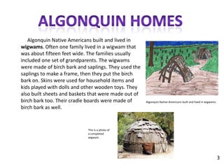 Algonquin homes     Algonquin Native Americans built and lived in wigwams. Often one family lived in a wigwam that was about fifteen feet wide. The families usually included one set of grandparents. The wigwams were made of birch bark and saplings. They used the saplings to make a frame, then they put the birch bark on. Skins were used for household items and kids played with dolls and other wooden toys. They also built sheets and baskets that were made out of birch bark too. Their cradle boards were made of birch bark as well.    Algonquin Native Americans built and lived in wigwams.This is a photo of a completed wigwam.3