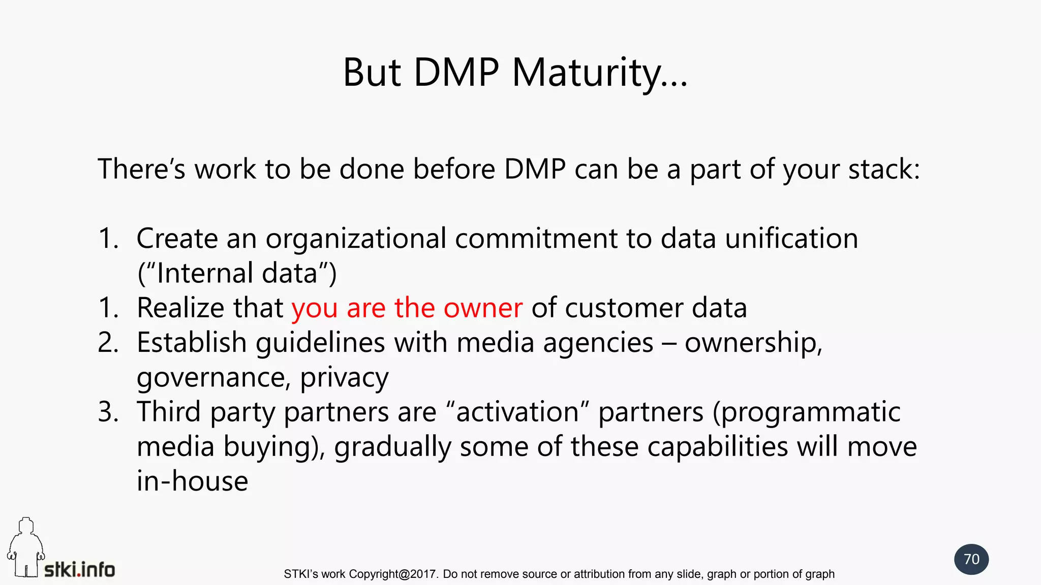 STKI’s work Copyright@2017. Do not remove source or attribution from any slide, graph or portion of graph
70
But DMP Maturity…
There’s work to be done before DMP can be a part of your stack:
1. Create an organizational commitment to data unification
(“Internal data”)
1. Realize that you are the owner of customer data
2. Establish guidelines with media agencies – ownership,
governance, privacy
3. Third party partners are “activation” partners (programmatic
media buying), gradually some of these capabilities will move
in-house
 
