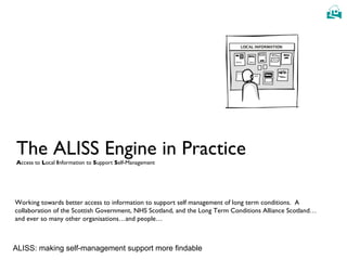 The ALISS Engine in Practice A ccess to  L ocal  I nformation to  S upport  S elf-Management Working towards better access to information to support self management of long term conditions.  A collaboration of the Scottish Government, NHS Scotland, and the Long Term Conditions Alliance Scotland…and ever so many other organisations…and people… 