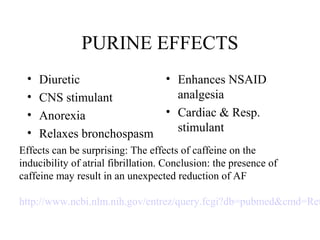 PURINE EFFECTS
•
•
•
•

• Enhances NSAID
Diuretic
analgesia
CNS stimulant
• Cardiac & Resp.
Anorexia
stimulant
Relaxes bronchospasm

Effects can be surprising: The effects of caffeine on the
inducibility of atrial fibrillation. Conclusion: the presence of
caffeine may result in an unexpected reduction of AF

http://www.ncbi.nlm.nih.gov/entrez/query.fcgi?db=pubmed&cmd=Ret

 