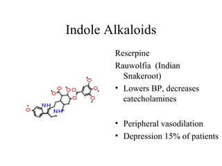 Indole Alkaloids
Reserpine
Rauwolfia (Indian
Snakeroot)
• Lowers BP, decreases
catecholamines
• Peripheral vasodilation
• Depression 15% of patients

 