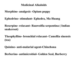 Medicinal Alkaloids
Morphine- analgesic -Opium poppy
Ephedrine- stimulant- Ephedra, Ma Huang
Reserpine- relaxant- Rauwolfia serpentina ( Indian
snakeroot)
Theophylline- bronchial relaxant- Camellia sinensis
(tea)
Quinine- anti-malarial agent-Chinchona
Berberine- antimicrobial- Golden Seal, Barberry

 