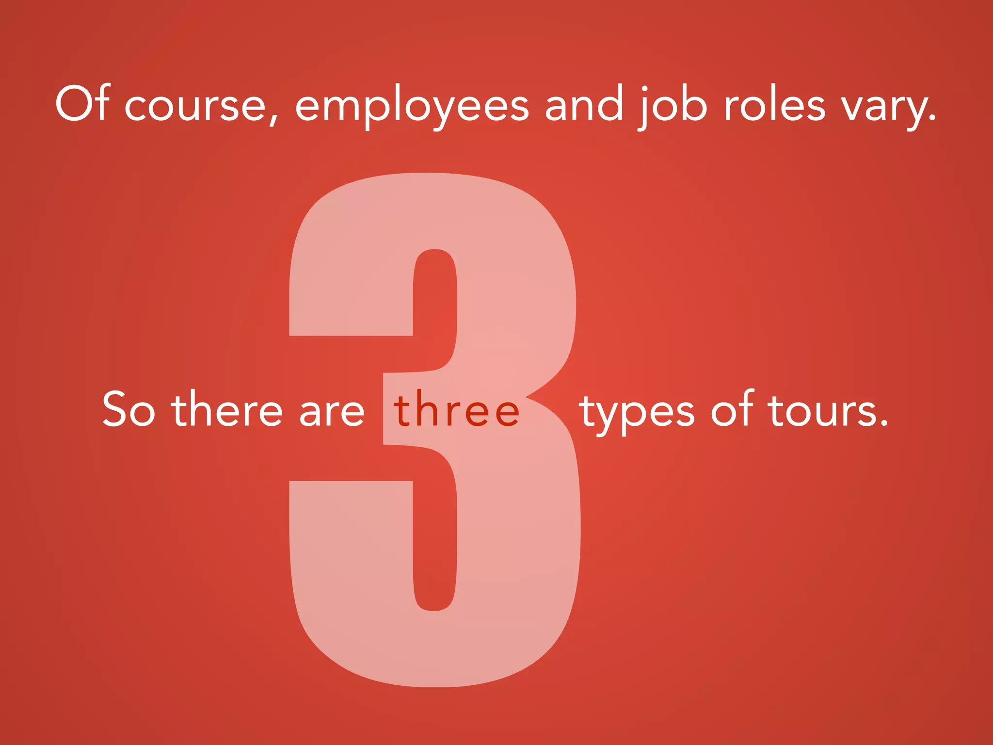 3So there are three types of tours.
Of course, employees and job roles vary.
 