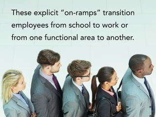 These explicit “on-ramps” transition
employees from school to work or
from one functional area to another.
 