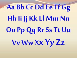 Aa Bb Cc Dd Ee Ff Gg
Hh Ii Jj Kk Ll Mm Nn
Oo Pp Qq Rr Ss Tt Uu
Vv Ww Xx Yy Zz